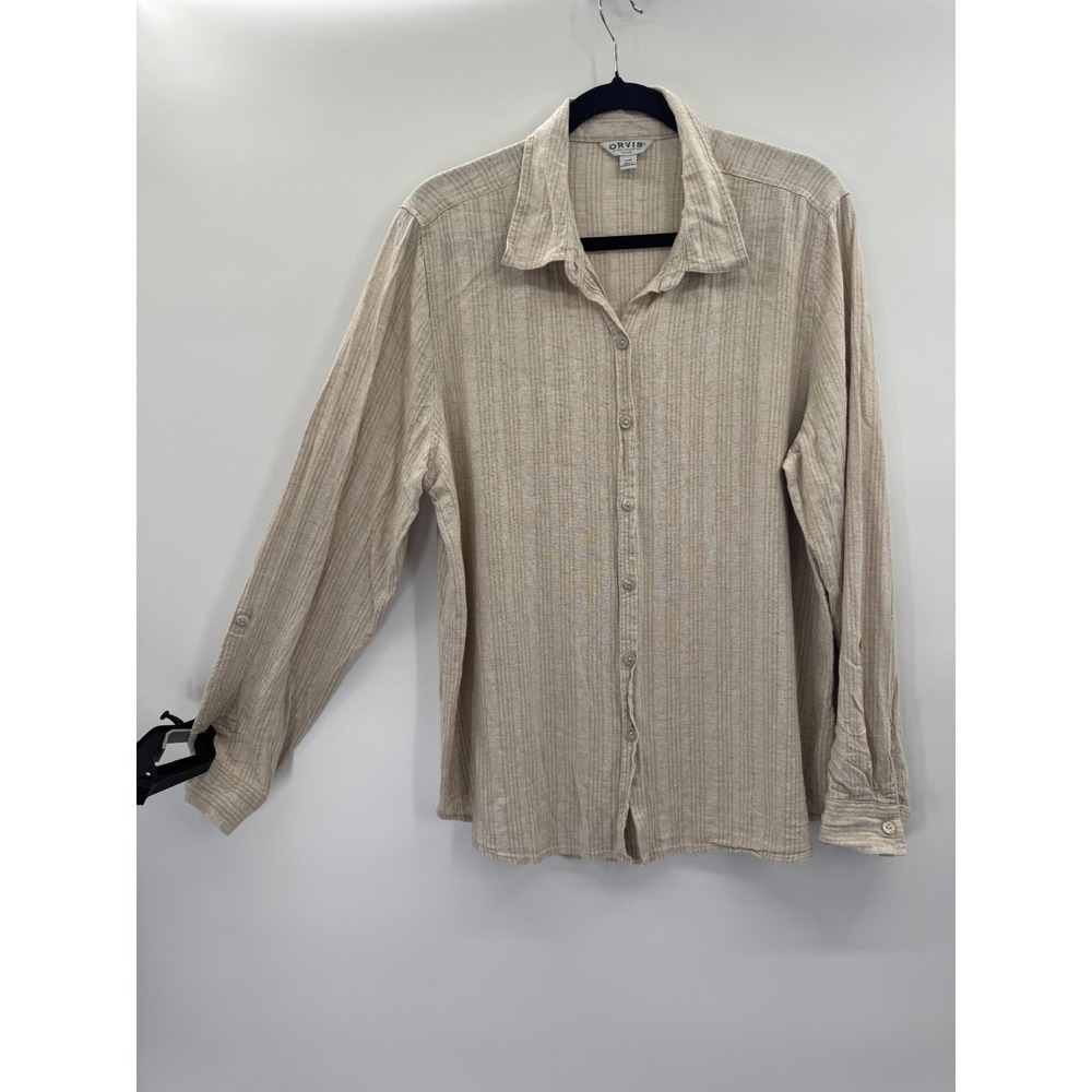 Orvis Large Linen Casual Button Down Long Sleeve Khaki Striped Coastal Preppy - Picture 4 of 16